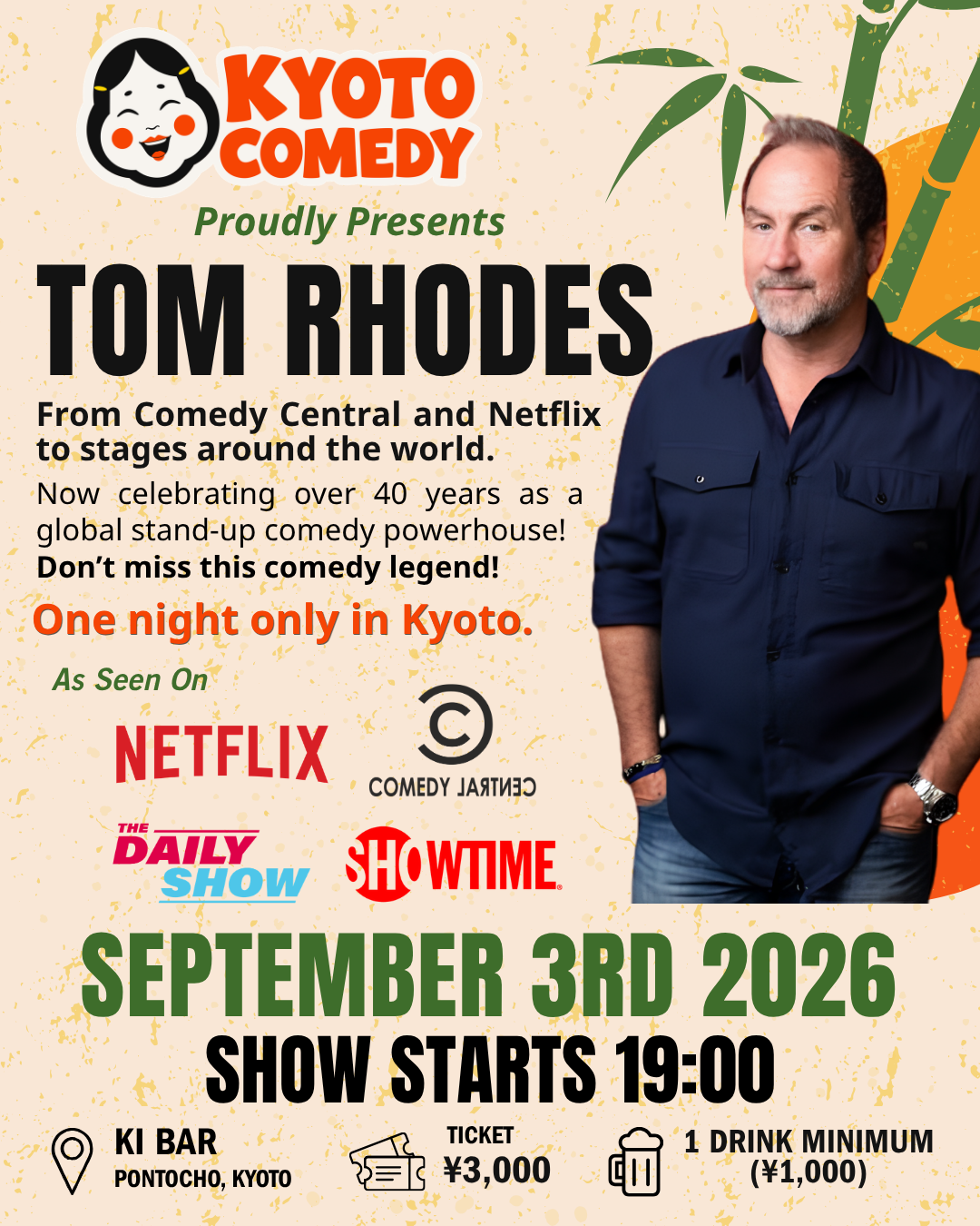Tom Rhodes live in Kyoto — September 3, 2026 — official Kyoto Comedy show poster