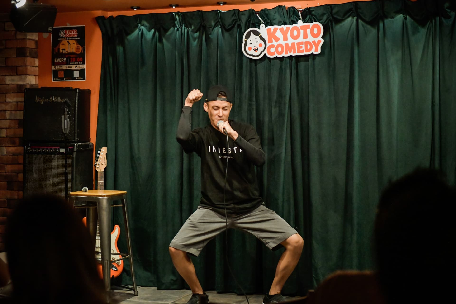 International comedian dancing on stage at Kyoto Comedy near Gion, Kyoto