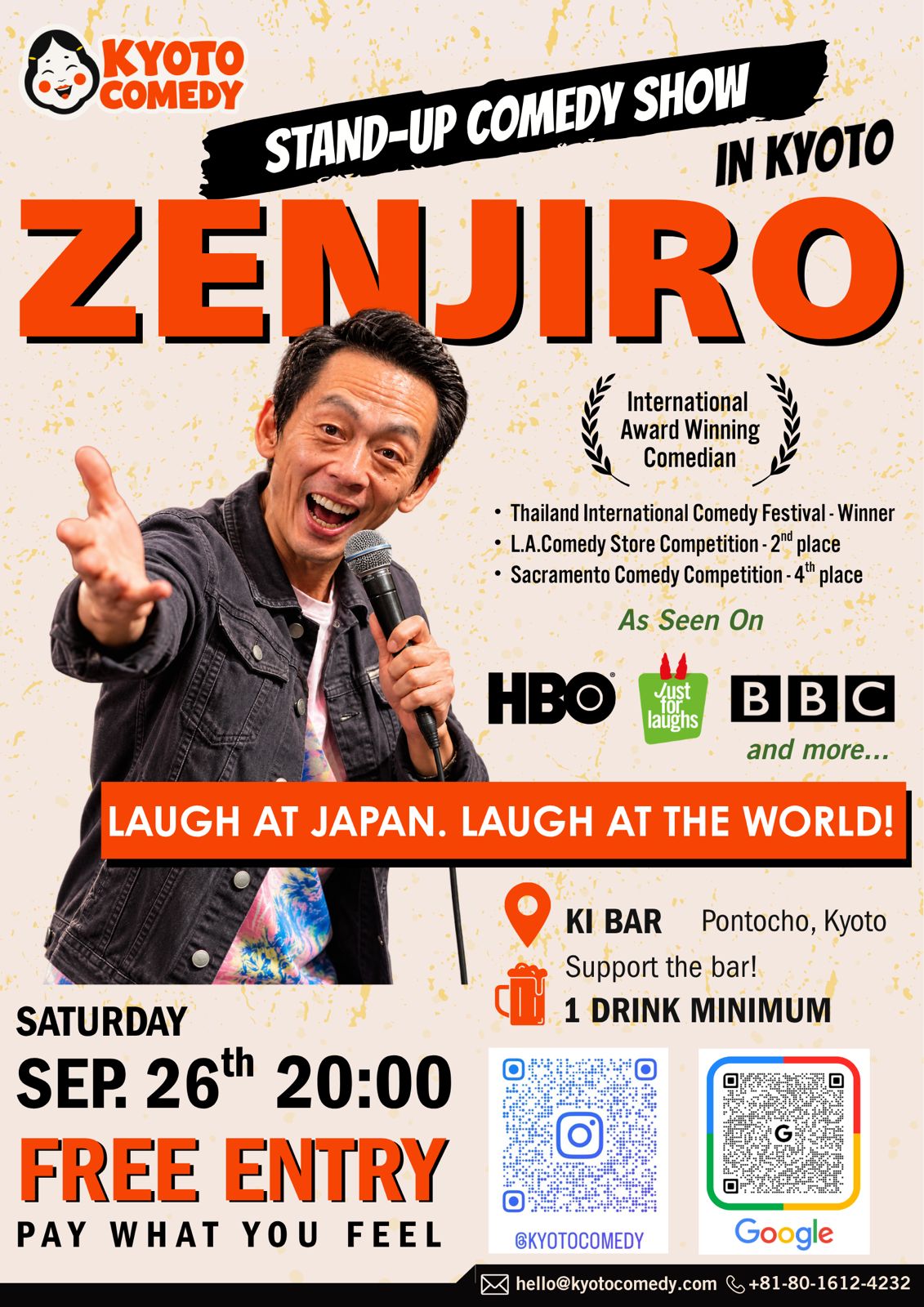 Zenjiro live in Kyoto — English show, September 26, 2026 — official Kyoto Comedy show poster