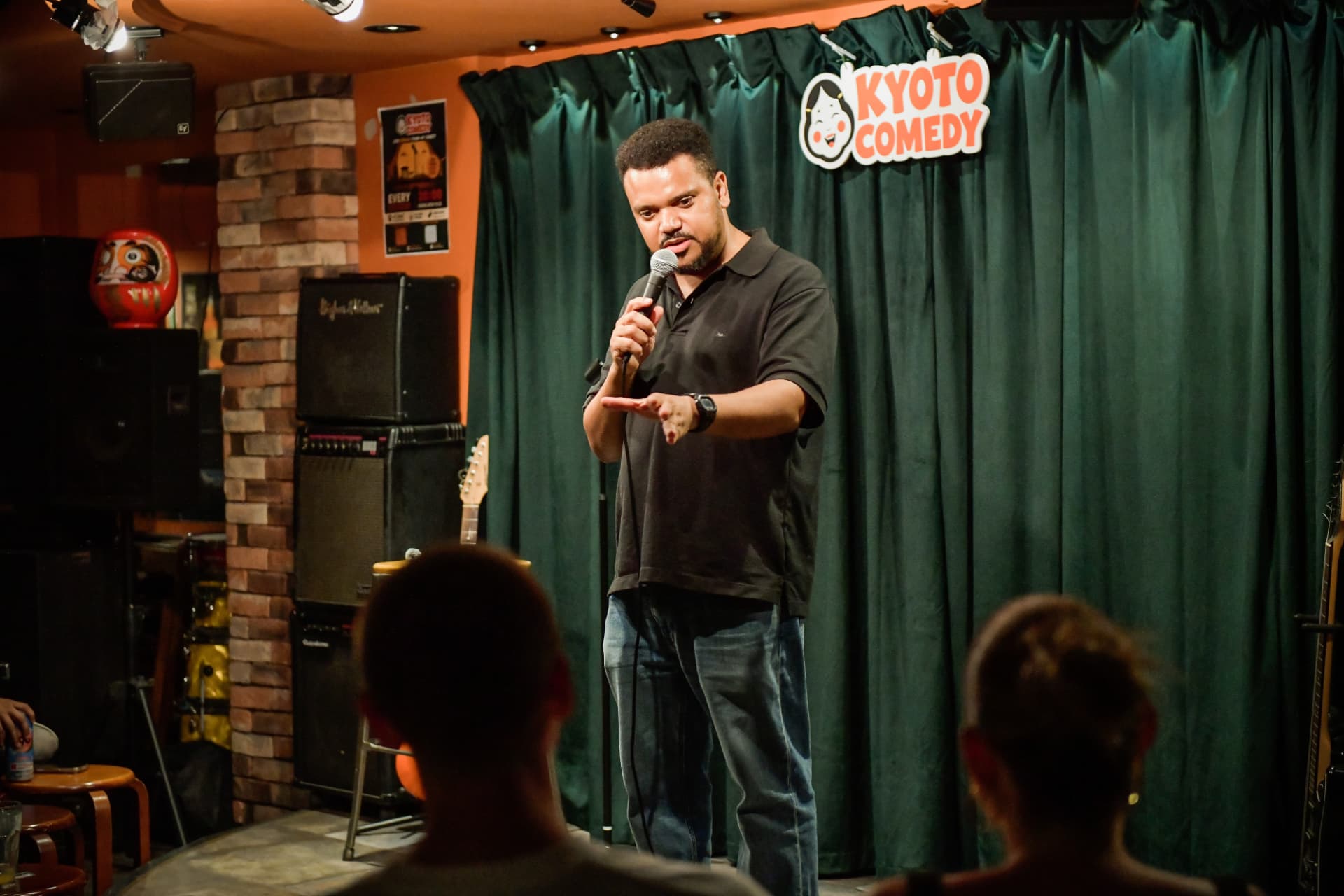 Kyoto Comedy's MC hosting a live English comedy night at Ki Bar near Kawaramachi, Kyoto