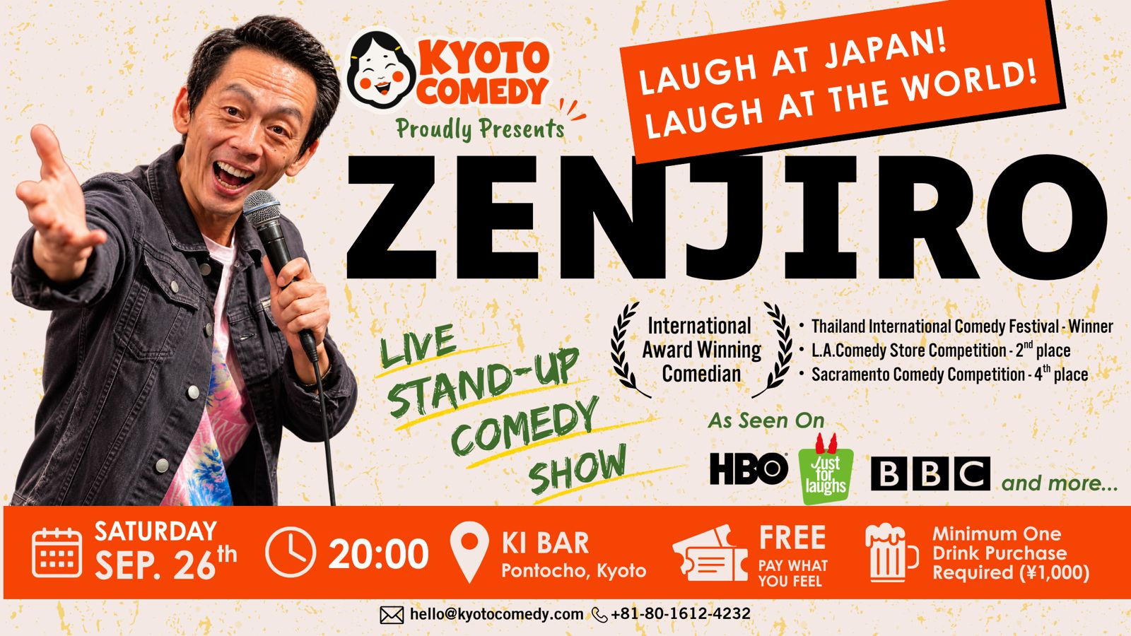 Zenjiro live in Kyoto — English stand-up comedy show at Ki Bar in Pontocho, Saturday September 26 at 20:00