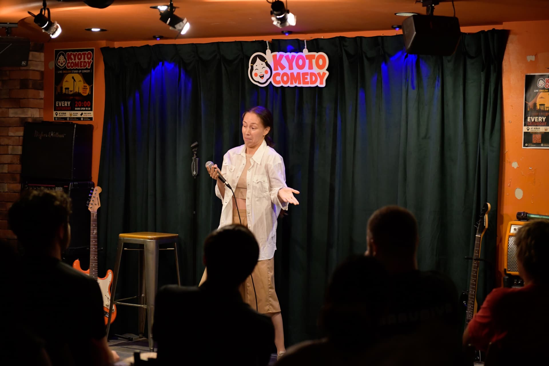 Female comedian performing stand up comedy in English in Pontocho, Kyoto, Kansai