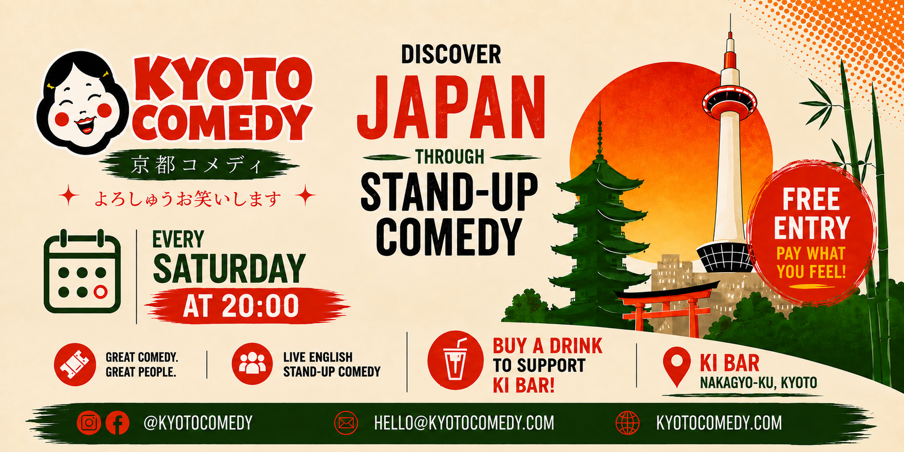 Kyoto Comedy Weekly Saturday Show — official event banner, Ki Bar